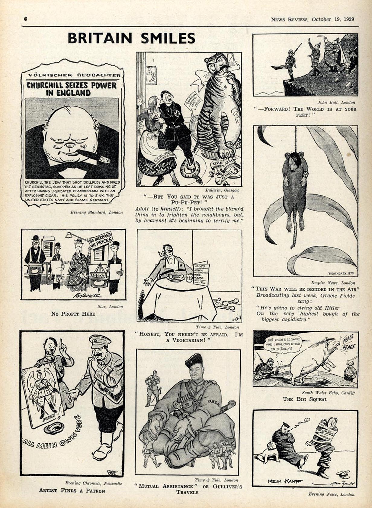 Editproial cartoons, The News review, surveys of world imagery 1939