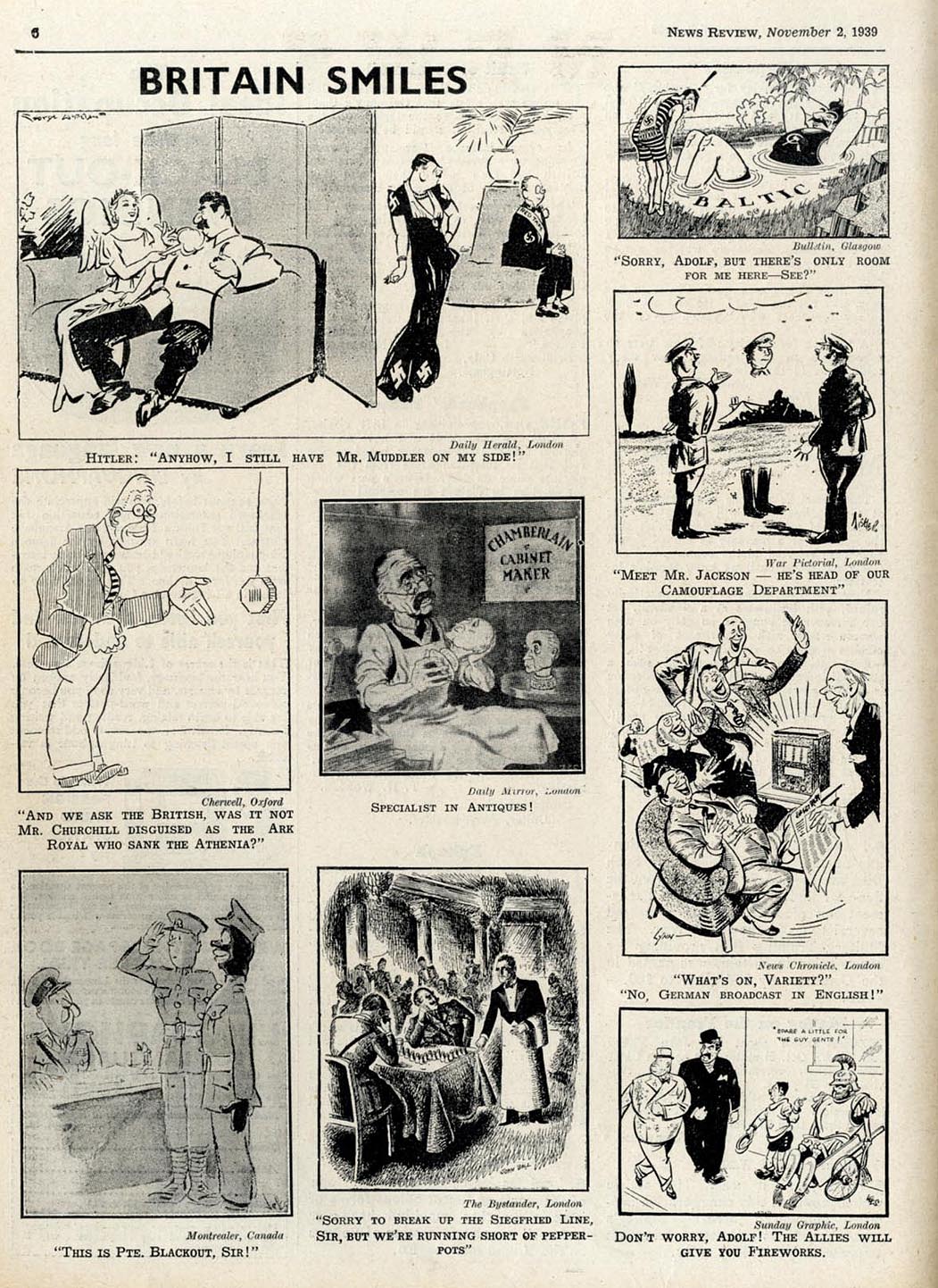Editproial cartoons, The News review, surveys of world imagery 1939