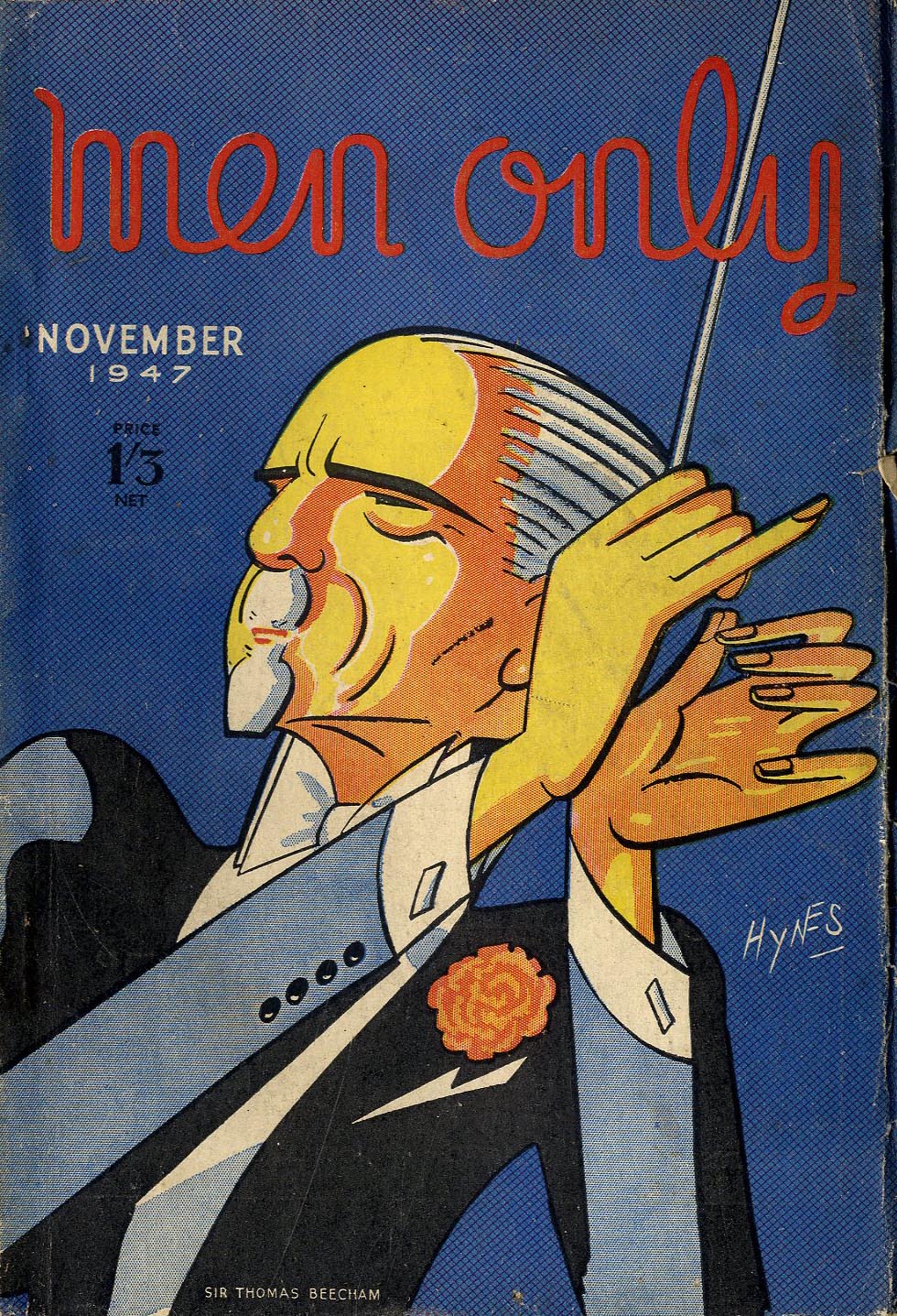 Magaizne cover featuring a sharp, stylised drawing of an orchestra conductor in white-tie, holding his baton. Text reads "men only / November 1947"